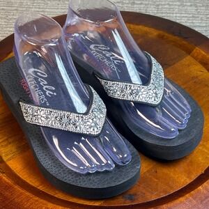 Skechers Cali Platform Flip Flops Womens Rhinestone Yoga Foam Sandals Black 6
